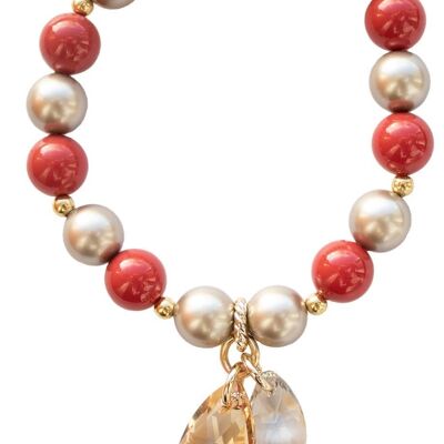 Pearl bracelet with drops - gold - coral / almond - s