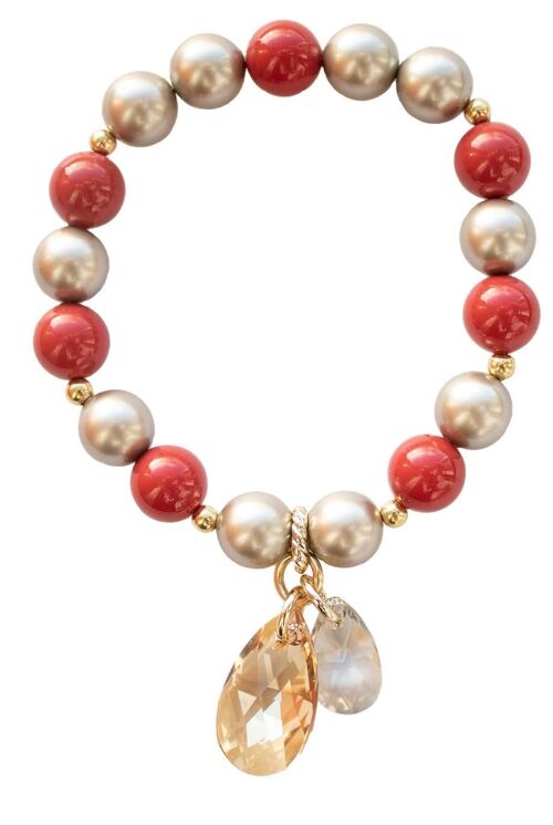 Pearl bracelet with drops - gold - coral / almond - l