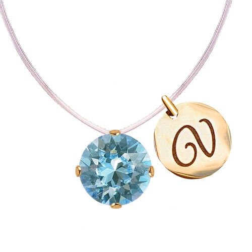 Invisible necklace with personalized letter medallion - gold - Aquamarine