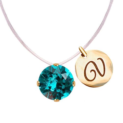 Invisible necklace with personalized letter medallion - gold - Blue Zircon