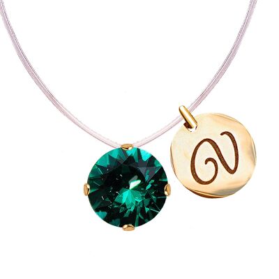 Invisible necklace with personalized letter medallion - gold - emerald