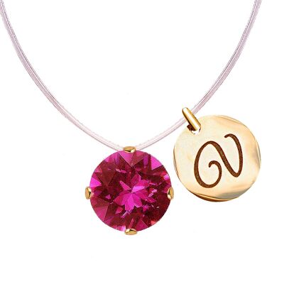 Invisible necklace with personalized letter medallion - gold - fuchsia