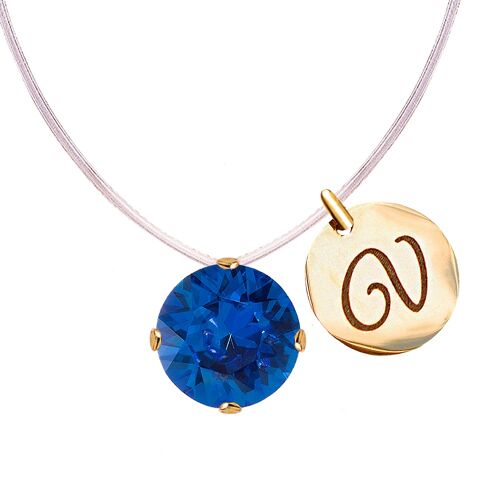 Invisible necklace with personalized letter medallion - gold - saphire
