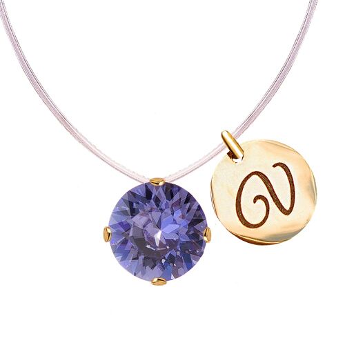 Invisible necklace with personalized letter medallion - gold - tanzanite
