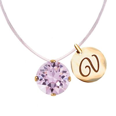 Invisible necklace with personalized letter medallion - silver - light amethystyst