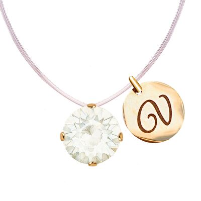 Invisible necklace with personalized letter medallion - silver - White Opal