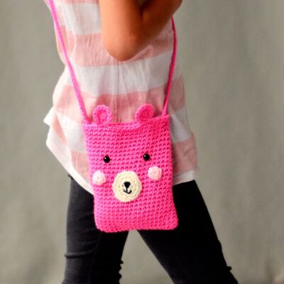 Kit regalo per bambini con borsa a forma di orsetto rosa all'uncinetto
