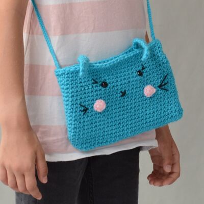 Gift kit for children to make a crochet bag: blue rabbit bag