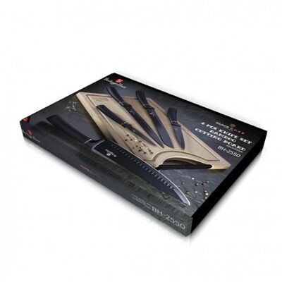 6 pcs knife set with bamboo cutting board, black- rose gold