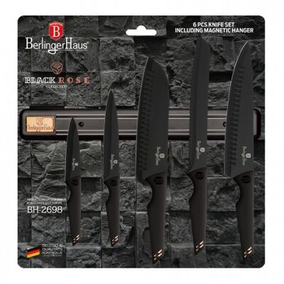 6 pcs knife set with magnetic hanger, black- rose gold
