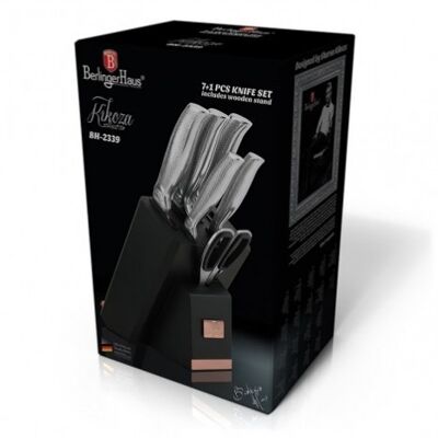 8 pcs knife set with stand, black- rose gold