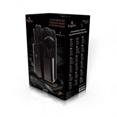 13 pcs knife and tool set with stand and cutting board, black- rose gold