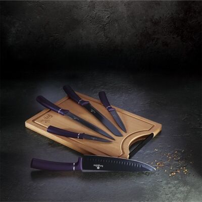 6 pcs knife set with bamboo cutting board, purple