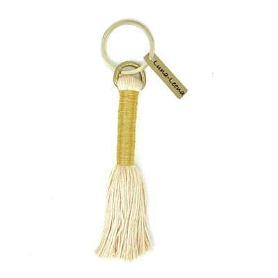nachhaltiger langer Schlüsselanhänger mit goldener Quaste – Bio-Baumwolle & dünner Goldfaden – handgefertigt in Nepal – Taschenanhänger – Quasten-Schlüsselanhänger gold