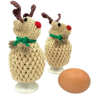 nachhaltiger Rentier Rudolph Weihnachts-Eierwärmer + Schal – Bio-Baumwolle – Eierbecher – handgefertigt in Nepal – gehäkelter Rentier-Eierwärmer