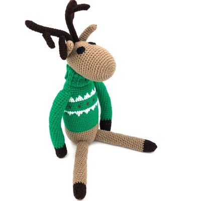 reno sostenible con cuello alto navideño verde - lana suave - decoración navideña - hecho a mano en Nepal - crochet render verde - decoración navideña