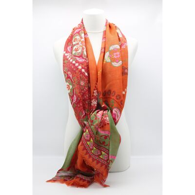 Stole scarf in wool printed with Altai orange mandalas pattern