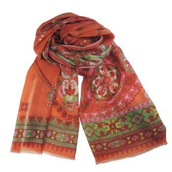 Etole foulard écharpe en laine imprimée motif Altai mandalas orange 3