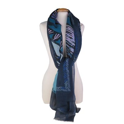 Large feather pattern printed wool stole, navy blue