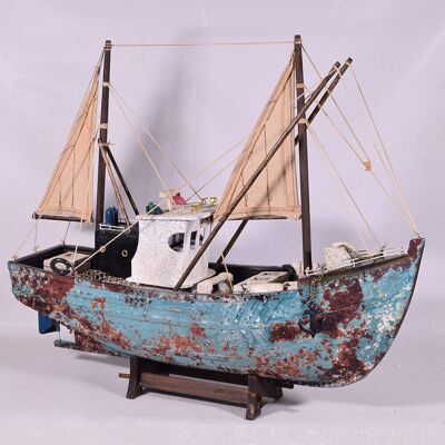 Modèle de bateau de pêche en bois rustique finition antique