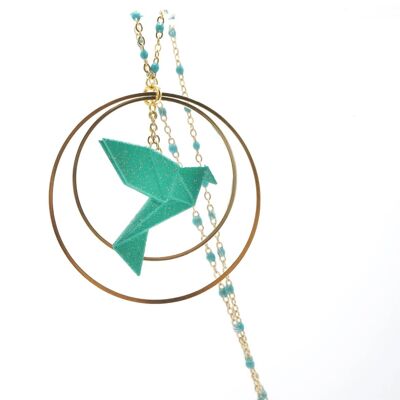 BIRDY EMERALD GREEN necklace, double hoops, golden and colored stainless steel chain