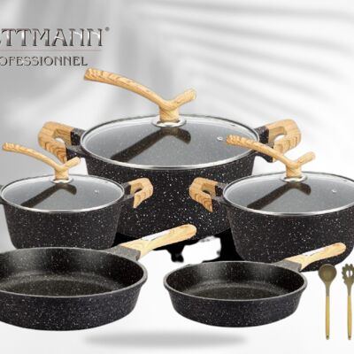 11 Piece Black Wood Effect Non-Stick Cookware Set