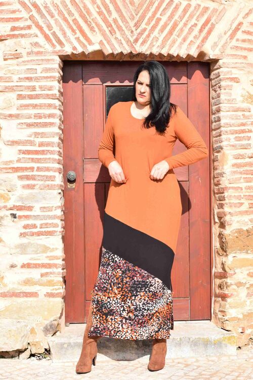 Plus Size Dress Helena - L to 6XL (Cognac, Black and Dot Fantasy)