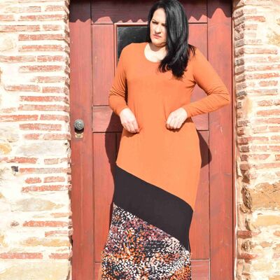 Plus Size Dress Helena - L to 6XL (Cognac, Black and Dot Fantasy)