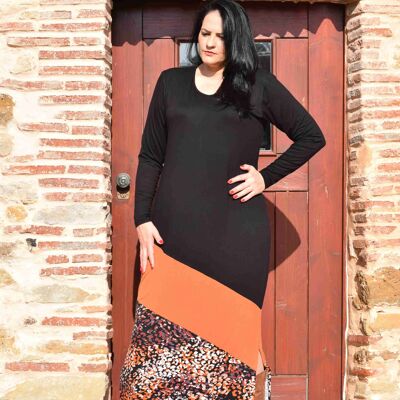 Plus Size Kleid Helena - L bis 6XL (Schwarz, Cognac und Dot Fantasy)