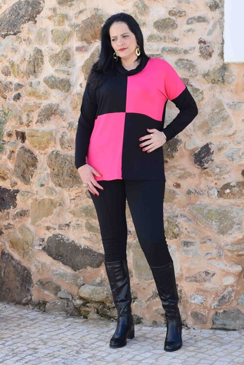 Plus Size Jumper/Sweater Laura - L to 6XL (Black with Squares in Pink)