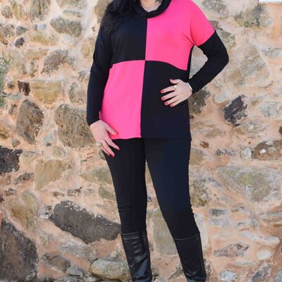 Plus Size Pullover/Pullover Laura – L bis 6XL (Schwarz mit Quadraten in Rosa)