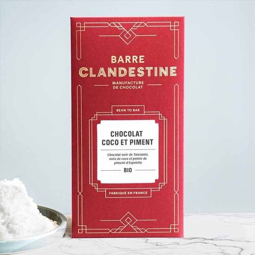 Tablette de Chocolat noir, noix de coco et piment d'Espelette, bean to bar