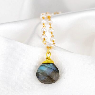 Labradorite & Freshwater Pearl Gemstone Drop Pendant Necklace Gold - Short Chain 50cm