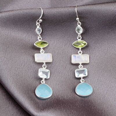 Orecchini Multi Gemstone - Argento Sterling 925 - Quarzo Chiaro, Acquamarina, Pietra di Luna, Peridoto, Calcedonio