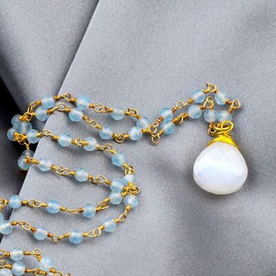 Moonstone & Aquamarine Gemstone Drop Pendant Necklace Gold - Short Chain 50cm
