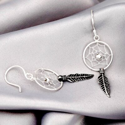 Dream Catcher Earrings - 925 Sterling Silver Tribal Boho Shaman Native American Jewelry - OHR925-42