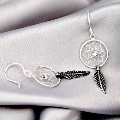 Boucles d'oreilles Dream Catcher - 925 Sterling Silver Tribal Boho Shaman Native American Jewelry - OHR925-42