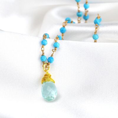 Chalcedony Gemstone Drop Pendant - Turquoise Gemstone Necklace Gold Necklace - Short Chain 50cm