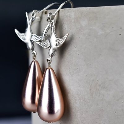 Flight To Freedom Swallows Teardrop Pearls Earrings - Silver Plated Swallows Champagne Pearls Classic Playful Dangle Earrings VINOHR-15
