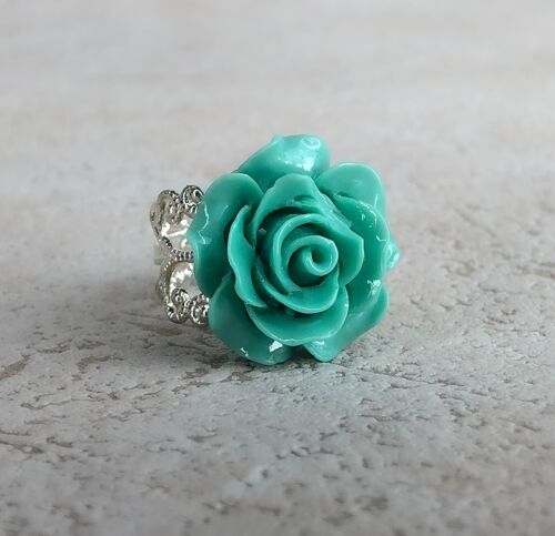 Frühlingsrose - Türkis - Floraler Ring im Vintage Stil - VINRIN-43