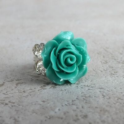 Frühlingsrose - Türkis - Floraler Ring im Vintage Stil - VINRIN-43