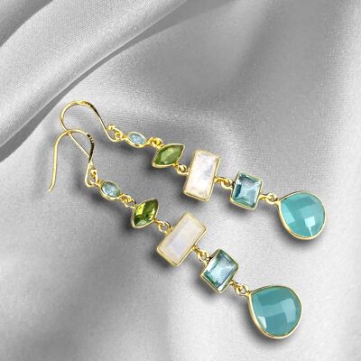 925 Sterling Silver Gold Plated Multi Gemstone Earrings - OHR925-16