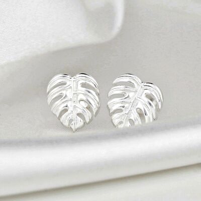 Orecchini a bottone con foglie di Monstera - Argento sterling 925 - Gioielli con foglie esotiche - OHR925-45