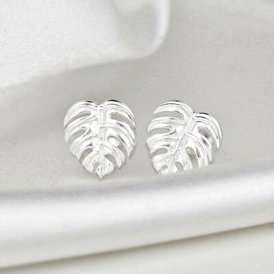 Monstera Leaves Stud Earrings - 925 Sterling Silver - Exotic Leaves Jewelry - OHR925-45