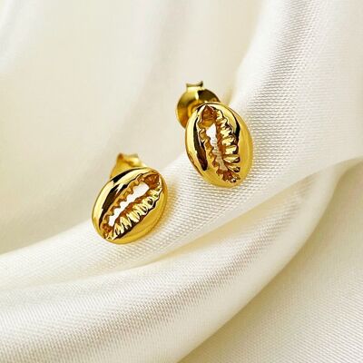 Mini orecchini a bottone con conchiglia di ciprea - Placcato in oro sterling 925 - OHR925-38