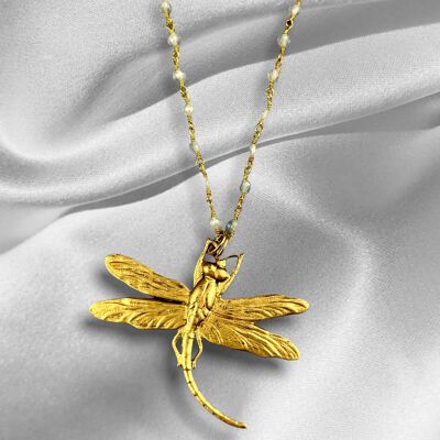 Aquamarine gemstone necklace with dragonfly - gemstone jewelry - VIK-116