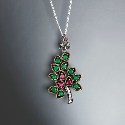 925 Sterling Silver Blessing Tree Gemstone Necklace with Tourmaline, Aventurine and Cubic Zirconia - K925-100