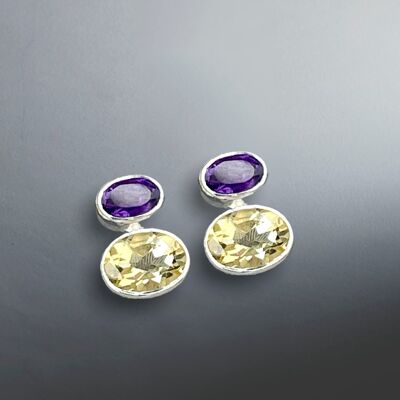 Amethyst & Citrine Gemstone Mini Stud Earrings - 925 Sterling Silver Gemstone Jewelry - OHR925-129