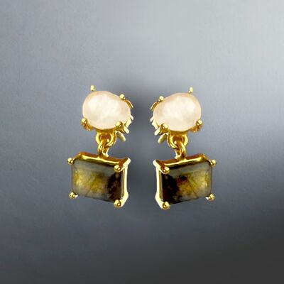 Luxurious Labradorite & Moonstone Gemstone Ear Studs - 925 Sterling Gold Plated - OHR925-111