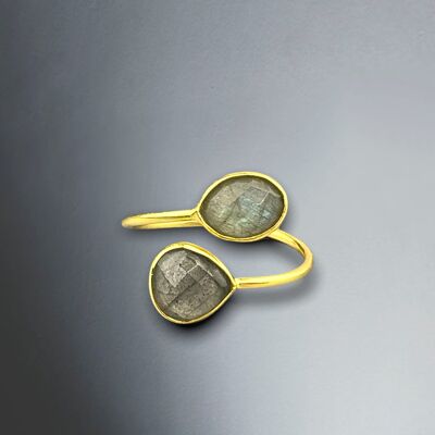 Anello con gemma aperta in labradorite - Gioielli con pietre preziose placcate in oro sterling 925 - Misura regolabile - RG925-46